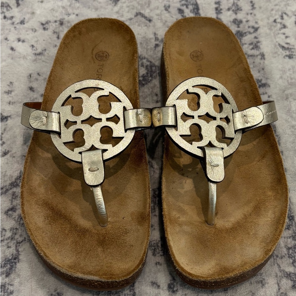 Tory Burch Metallic Silver Slide Sandals